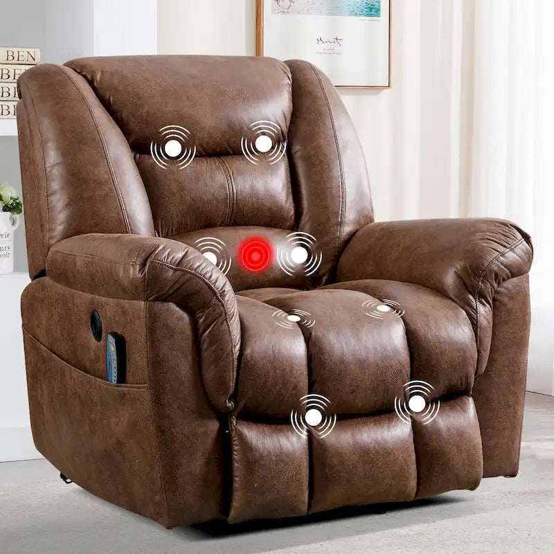 Fauteuil inclinable électrique releveur en tissu gris/marron avec massage et chaleur - 1 place