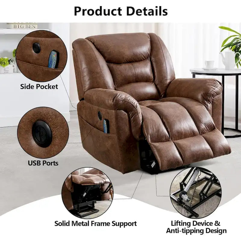 Fauteuil inclinable électrique releveur en tissu gris/marron avec massage et chaleur - 1 place