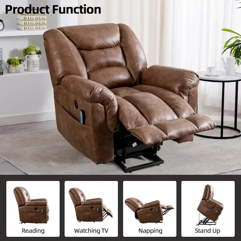 Fauteuil inclinable électrique releveur en tissu gris/marron avec massage et chaleur - 1 place