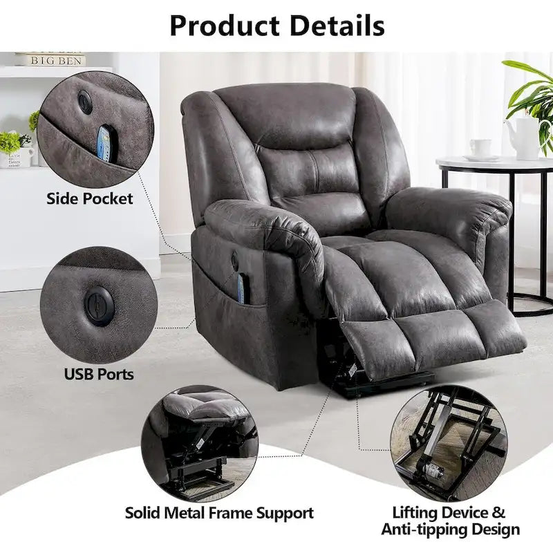 Fauteuil inclinable électrique releveur en tissu gris/marron avec massage et chaleur - 1 place