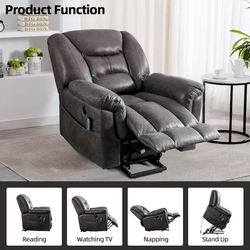 Fauteuil inclinable électrique releveur en tissu gris/marron avec massage et chaleur - 1 place