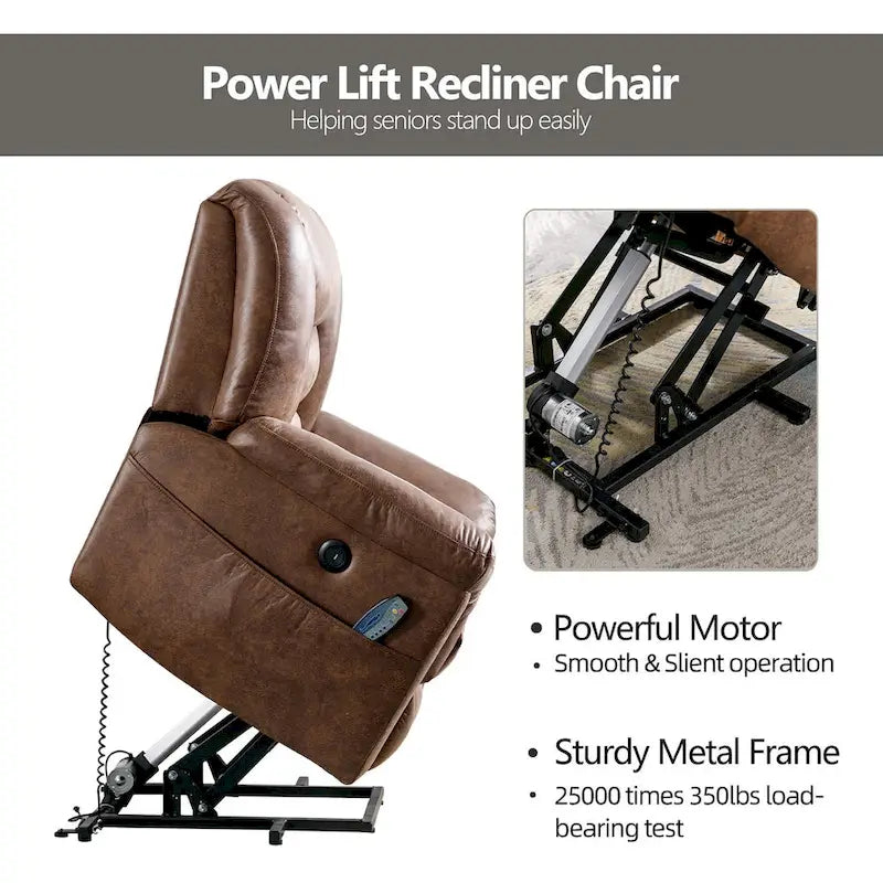 Fauteuil inclinable électrique releveur en tissu gris/marron avec massage et chaleur - 1 place