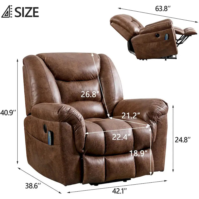 Fauteuil inclinable électrique releveur en tissu gris/marron avec massage et chaleur - 1 place