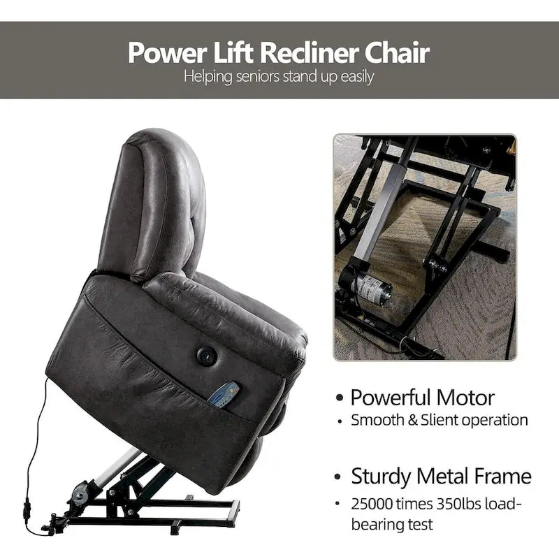Fauteuil inclinable électrique releveur en tissu gris/marron avec massage et chaleur - 1 place