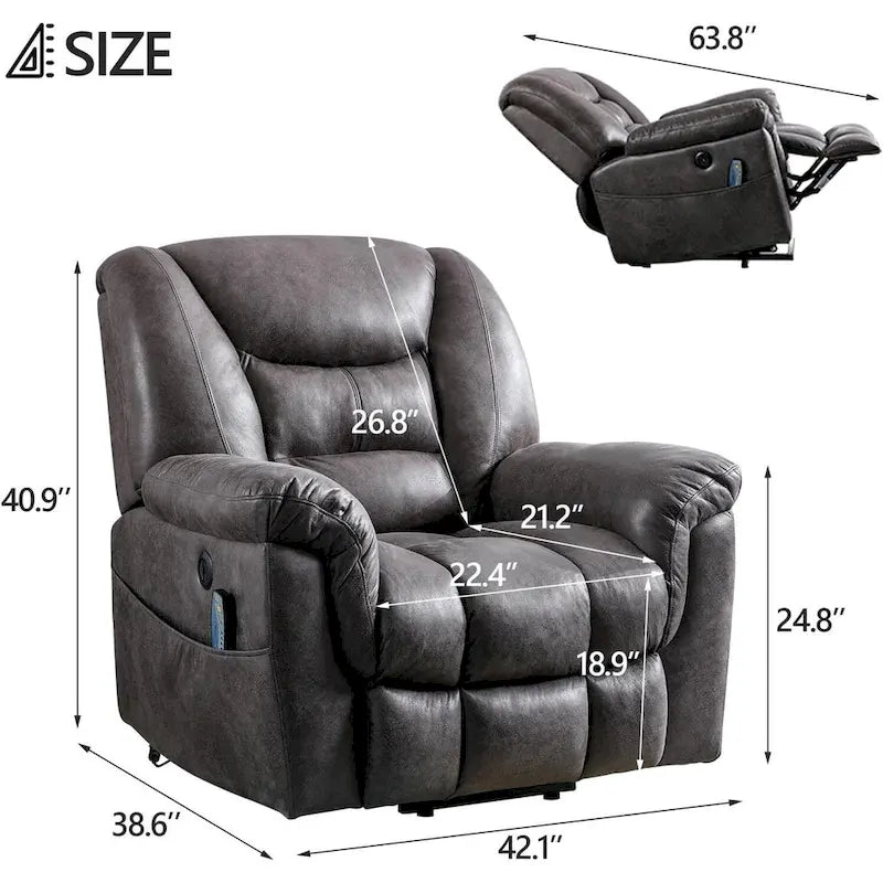 Fauteuil inclinable électrique releveur en tissu gris/marron avec massage et chaleur - 1 place