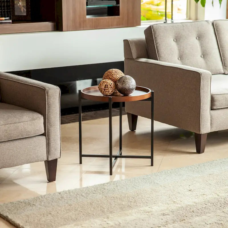 Table d'appoint ronde moderne du milieu du siècle en bois de noyer avec plateau amovible - 1 personne