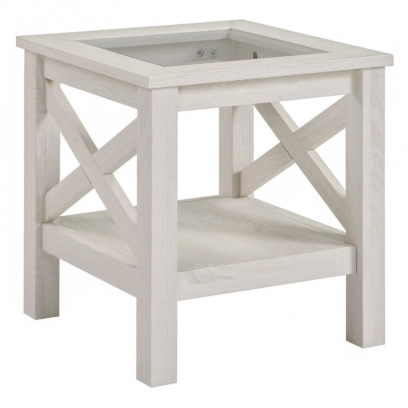 Table d'appoint en chêne blanc avec plateau en verre trempé et étagère de rangement inférieure - 1 Personne