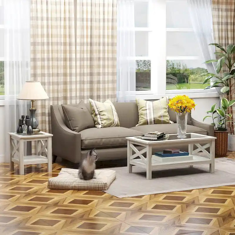 Table d'appoint en chêne blanc avec plateau en verre trempé et étagère de rangement inférieure - 1 Personne