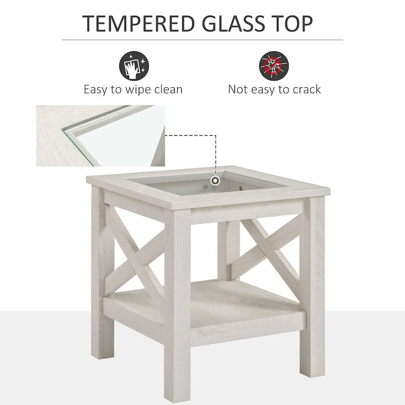 Table d'appoint en chêne blanc avec plateau en verre trempé et étagère de rangement inférieure - 1 Personne