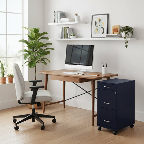 Space Solutions 18 Deep 3 Drawer Mobile Metal File Cabinet, Navy