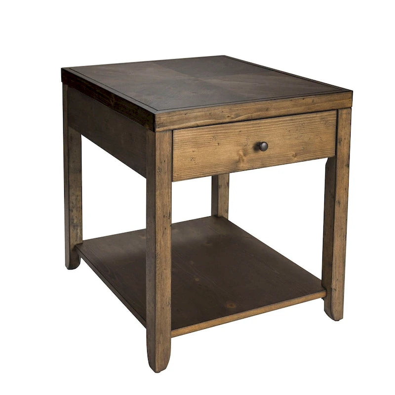 Table d'appoint marron noyer avec 1 tiroir, étagère inférieure et pieds fuselés