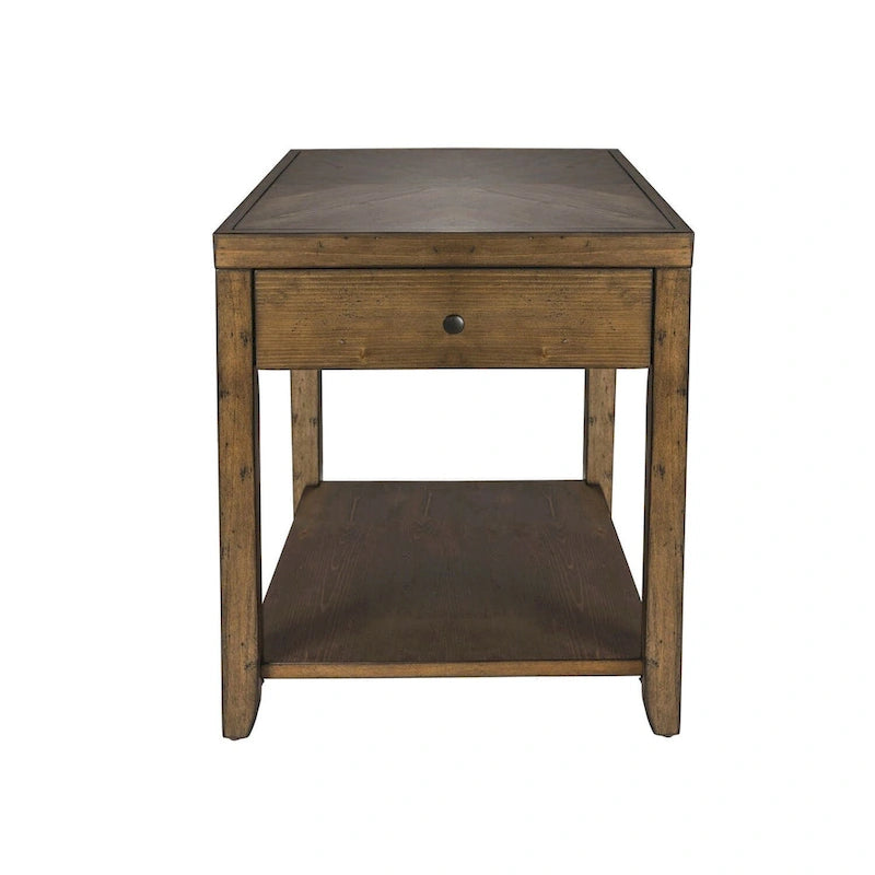 Table d'appoint marron noyer avec 1 tiroir, étagère inférieure et pieds fuselés