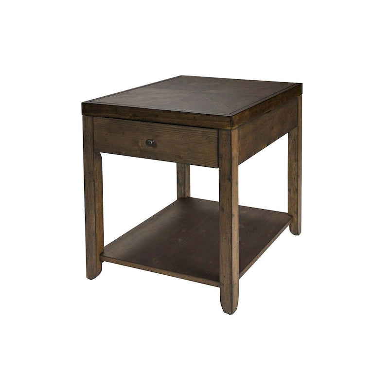 Table d'appoint marron noyer avec 1 tiroir, étagère inférieure et pieds fuselés