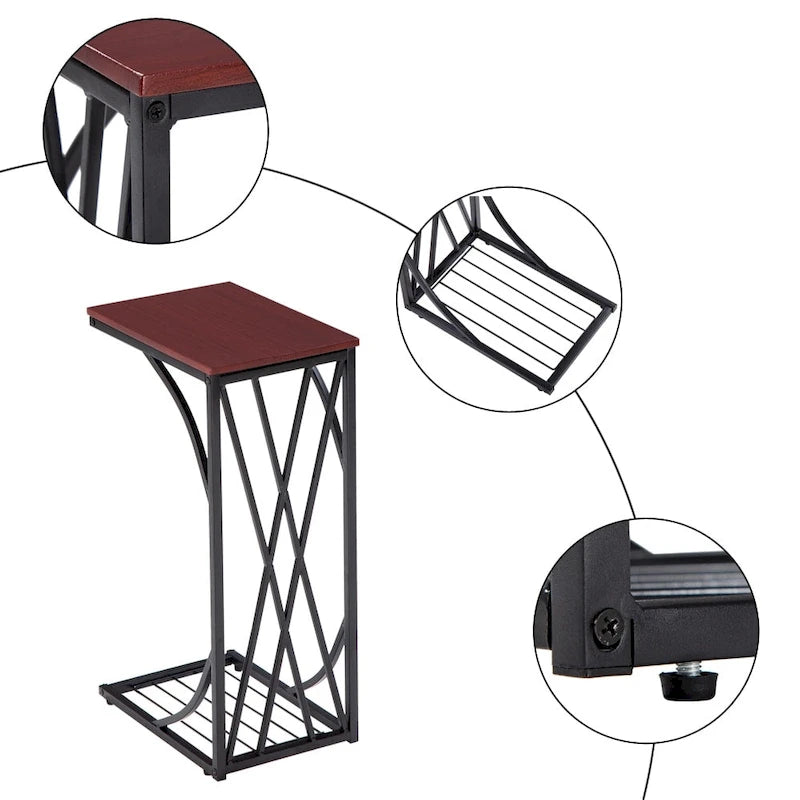Table d'appoint de canapé en MDF noyer brun en forme de C avec cadre en métal noir