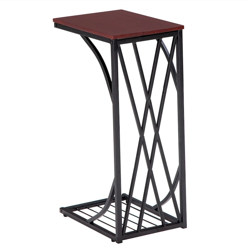 Table d'appoint de canapé en MDF noyer brun en forme de C avec cadre en métal noir