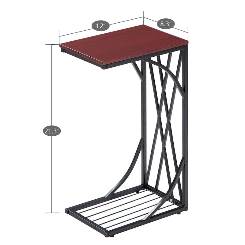 Table d'appoint de canapé en MDF noyer brun en forme de C avec cadre en métal noir