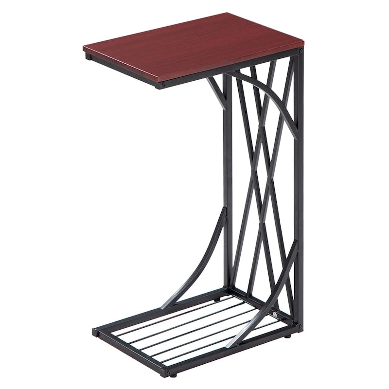 Table d'appoint de canapé en MDF noyer brun en forme de C avec cadre en métal noir