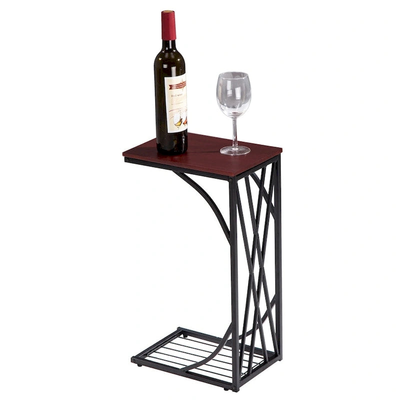 Table d'appoint de canapé en MDF noyer brun en forme de C avec cadre en métal noir