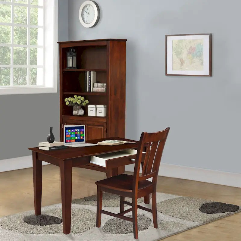 Bureau avec surface en billot de boucher et tiroir, espresso/gris taupe délavé, style contemporain, 1 personne