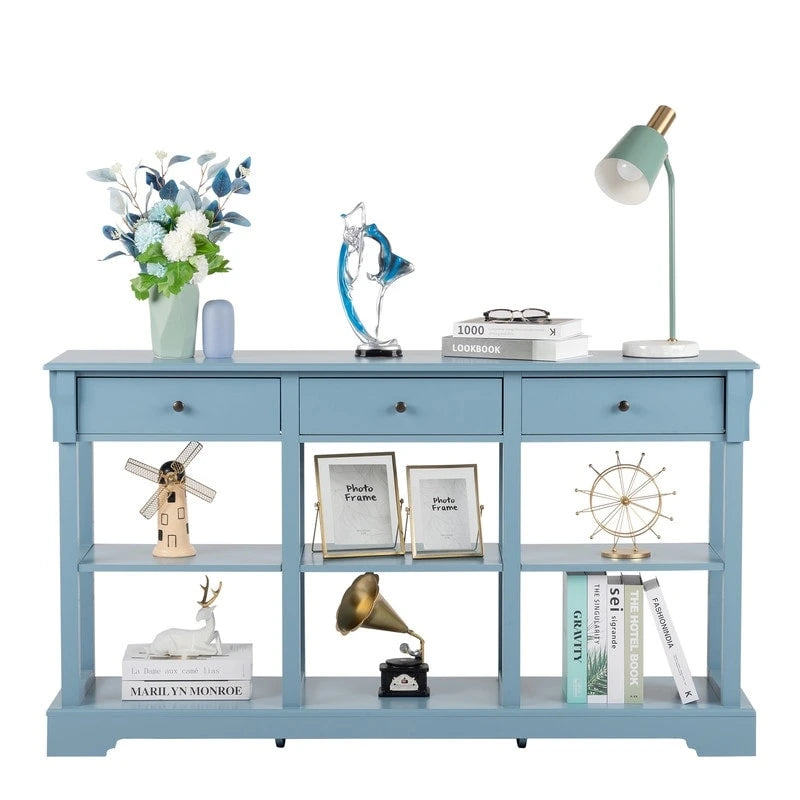 Console en MDF bleu ciel clair / noir / blanc avec 3 tiroirs et étagère grillagée