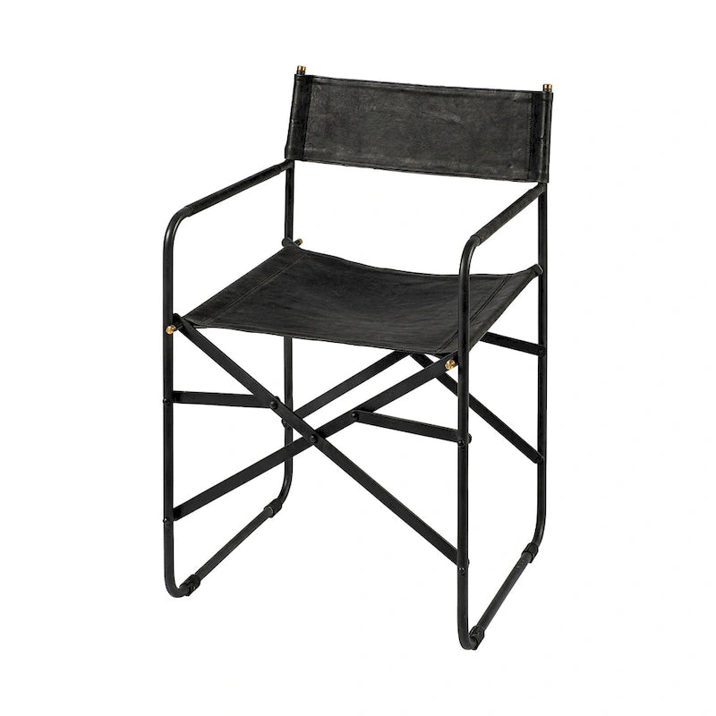 Chaise de salle à manger pliable style réalisateur en cuir véritable noir avec cadre en fer - 1 personne