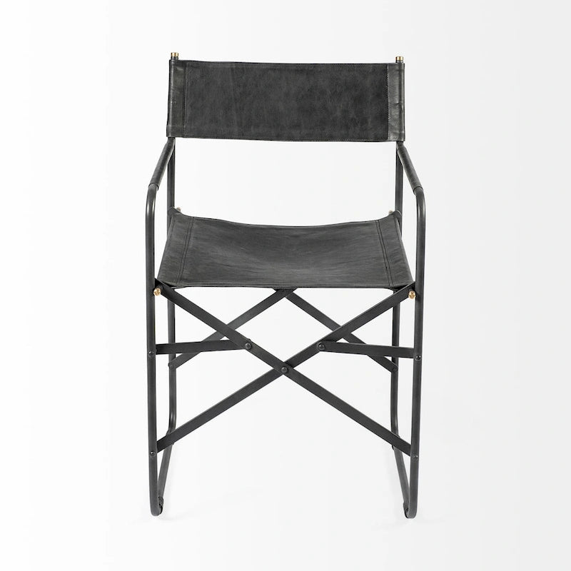 Chaise de salle à manger pliable style réalisateur en cuir véritable noir avec cadre en fer - 1 personne