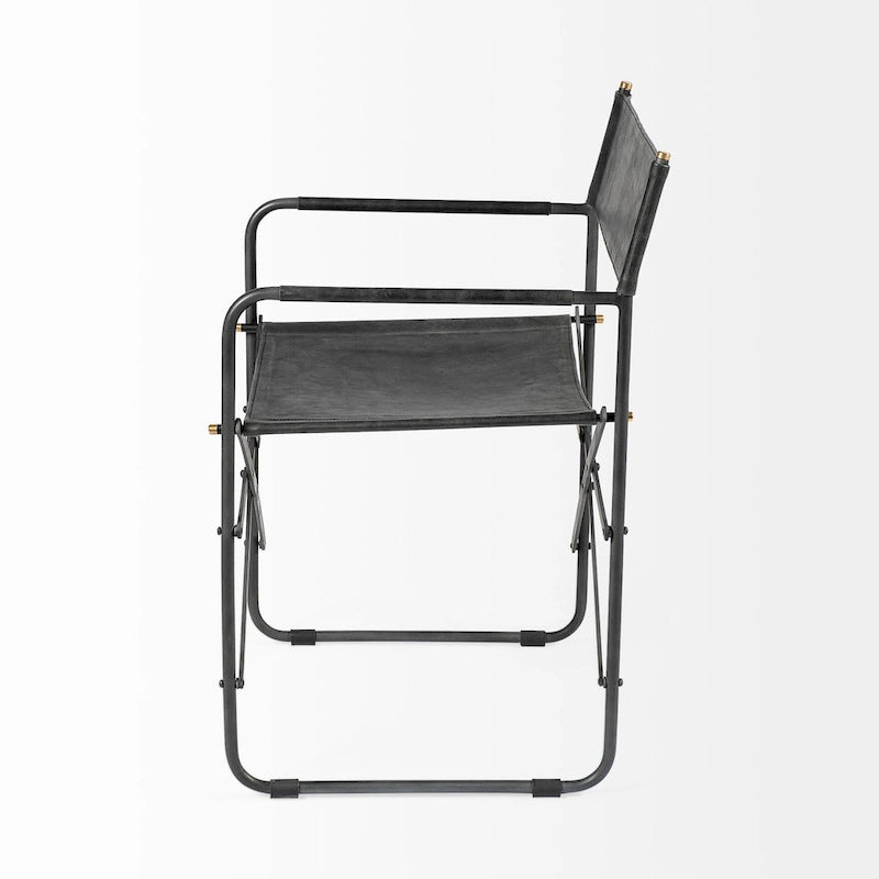 Chaise de salle à manger pliable style réalisateur en cuir véritable noir avec cadre en fer - 1 personne