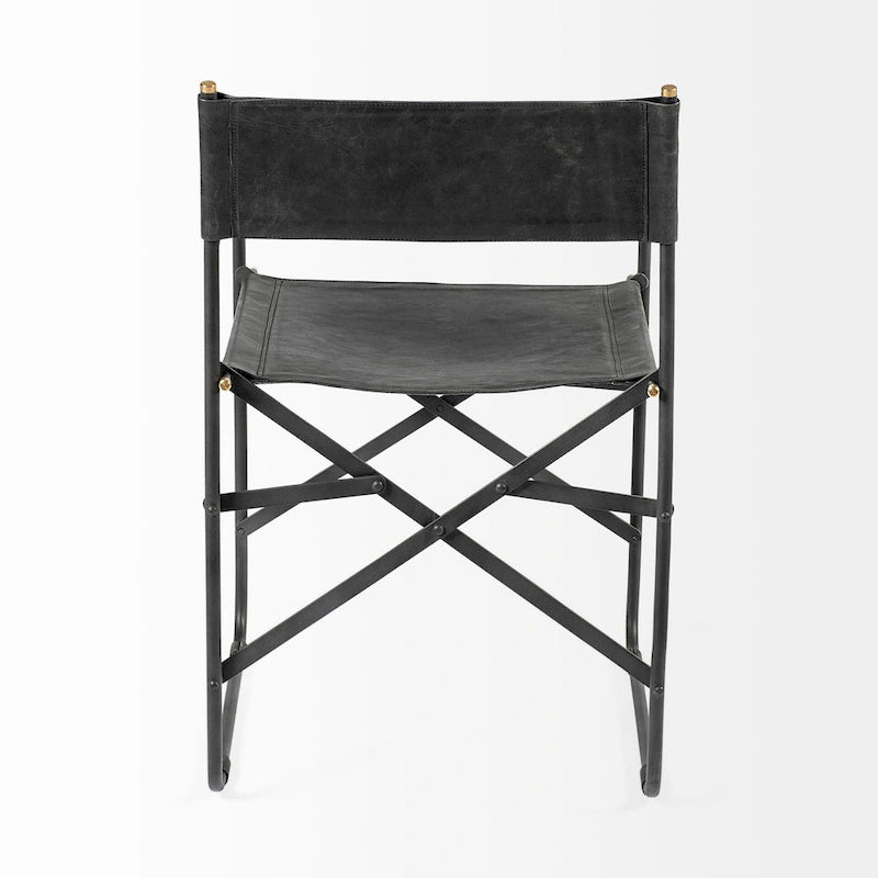 Chaise de salle à manger pliable style réalisateur en cuir véritable noir avec cadre en fer - 1 personne