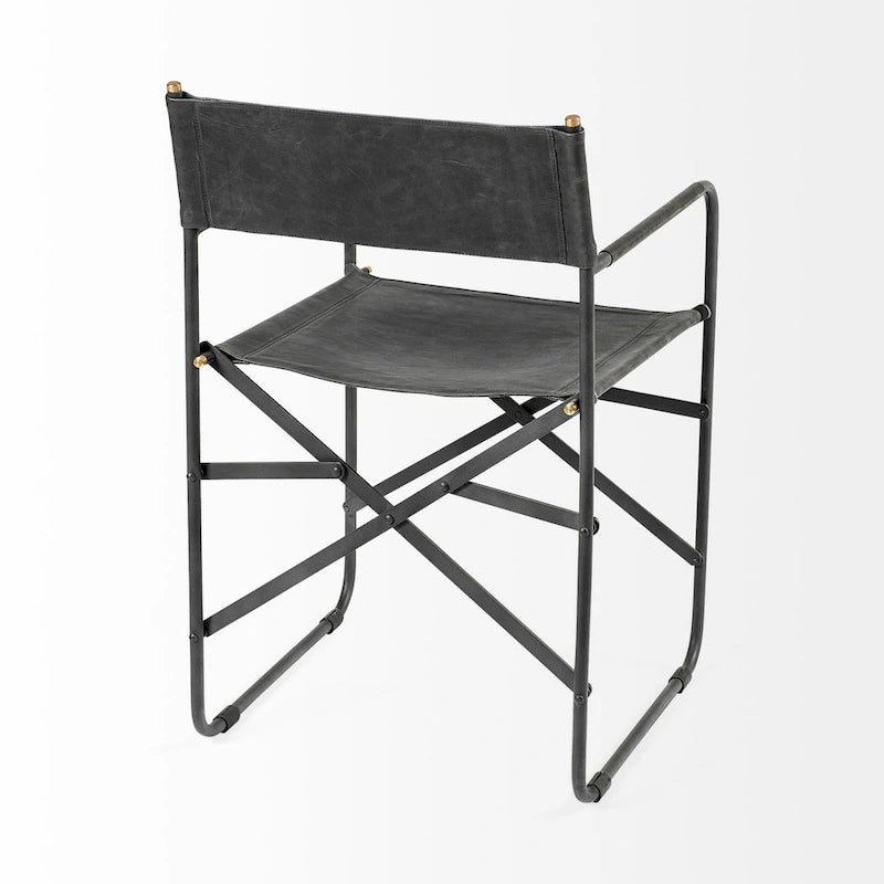 Chaise de salle à manger pliable style réalisateur en cuir véritable noir avec cadre en fer - 1 personne