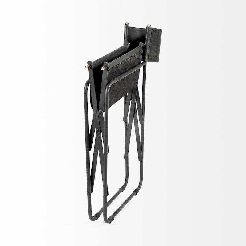 Chaise de salle à manger pliable style réalisateur en cuir véritable noir avec cadre en fer - 1 personne