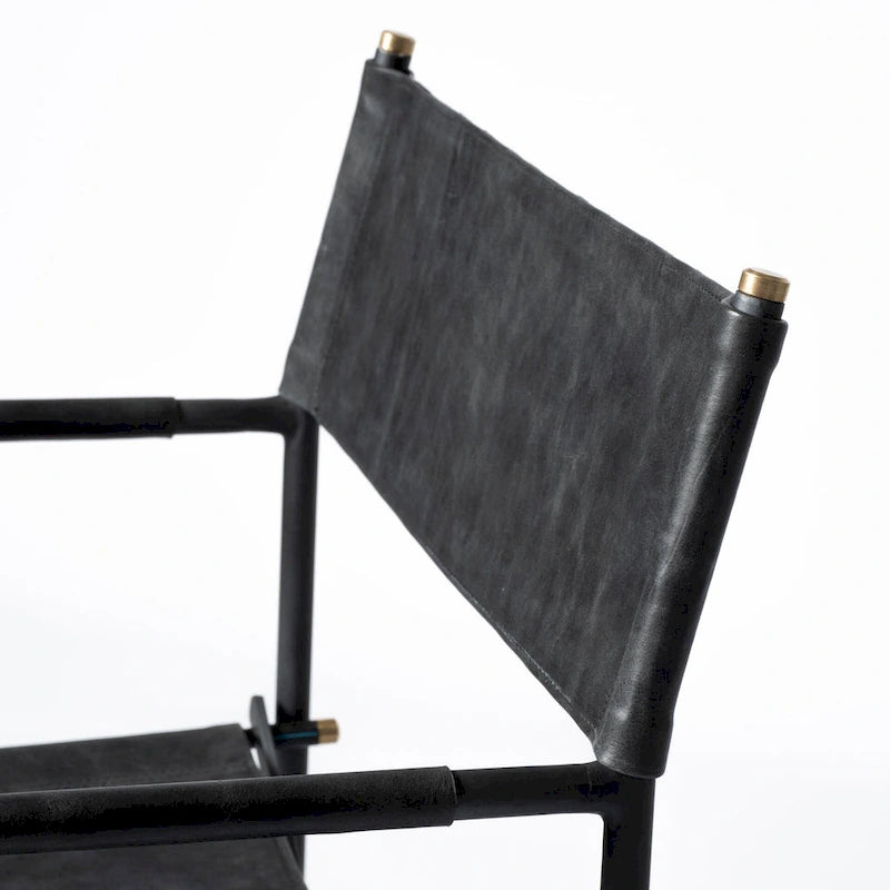 Chaise de salle à manger pliable style réalisateur en cuir véritable noir avec cadre en fer - 1 personne