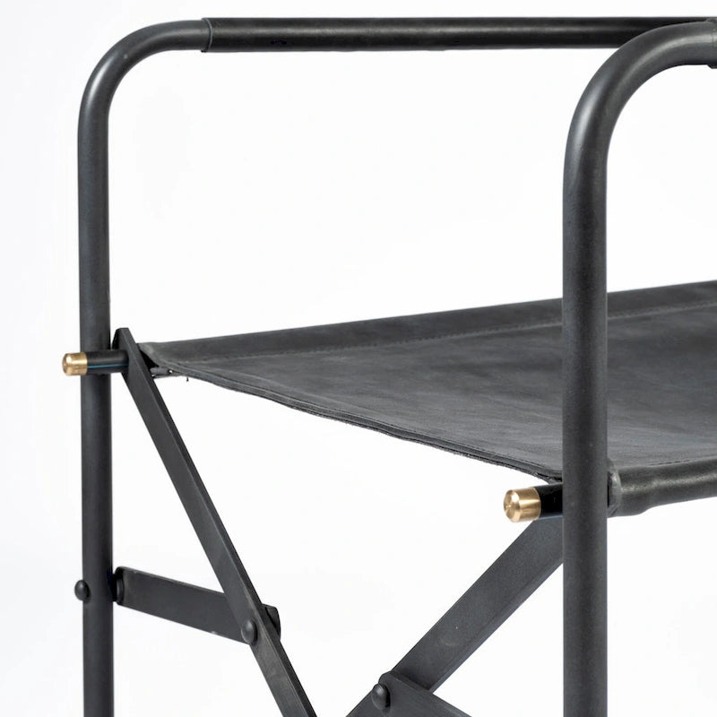 Chaise de salle à manger pliable style réalisateur en cuir véritable noir avec cadre en fer - 1 personne