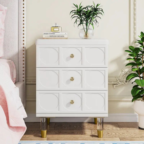 3-Drawer Nightstand Bedside Table,Bedroom Tall Night Stands with White and Gold finish Sofa End Table with Storage