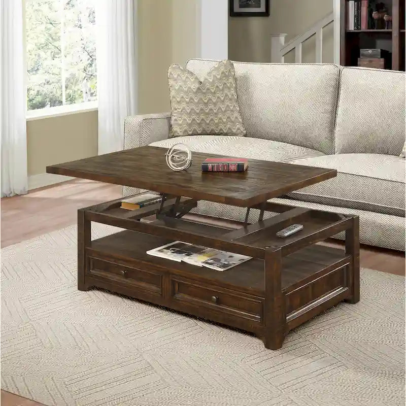 Table basse relevable en pin massif Moka foncé avec 2 tiroirs et roulettes