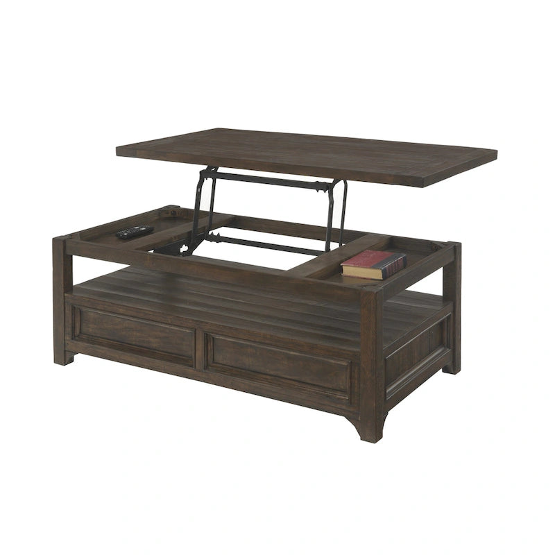 Table basse relevable en pin massif Moka foncé avec 2 tiroirs et roulettes