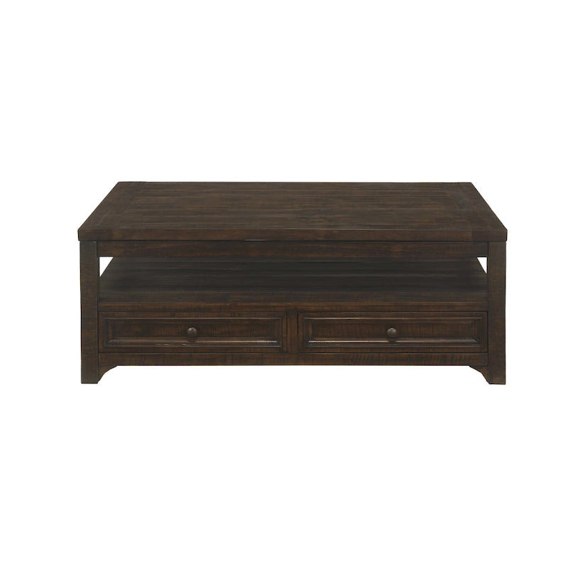 Table basse relevable en pin massif Moka foncé avec 2 tiroirs et roulettes