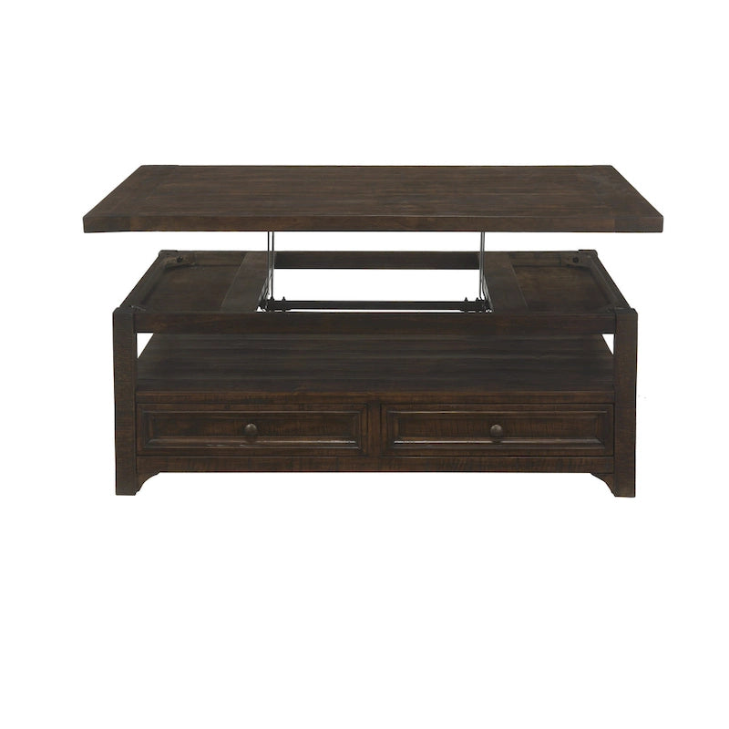 Table basse relevable en pin massif Moka foncé avec 2 tiroirs et roulettes