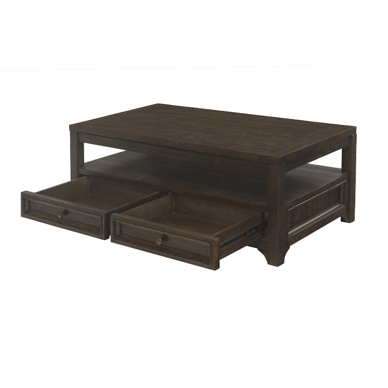 Table basse relevable en pin massif Moka foncé avec 2 tiroirs et roulettes