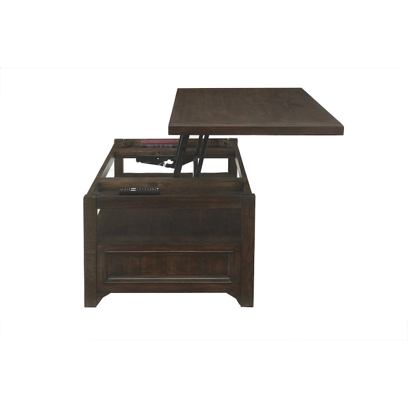 Table basse relevable en pin massif Moka foncé avec 2 tiroirs et roulettes