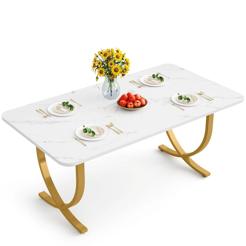 Table à manger rectangulaire en faux marbre blanc et or de 160 cm avec pieds en métal - 4 à 6 places