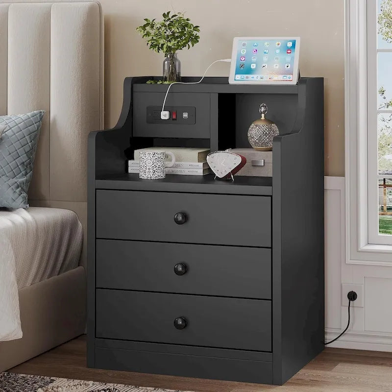 Table de chevet à 3 tiroirs avec station de charge et ports USB, Blanc / Rose / Gris / Noir, Style moderne, Chambre 1 personne