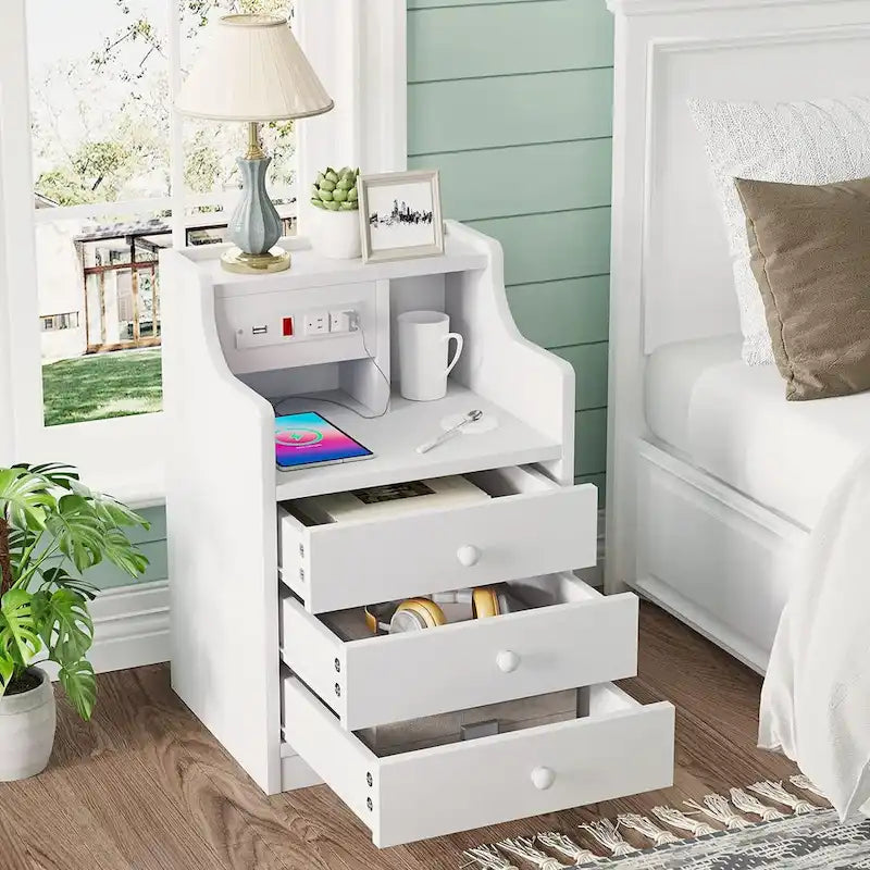 Table de chevet à 3 tiroirs avec station de charge et ports USB, Blanc / Rose / Gris / Noir, Style moderne, Chambre 1 personne