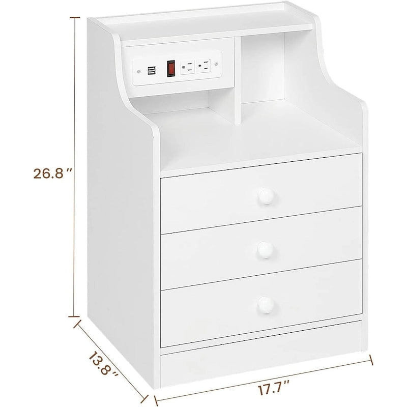 Table de chevet à 3 tiroirs avec station de charge et ports USB, Blanc / Rose / Gris / Noir, Style moderne, Chambre 1 personne