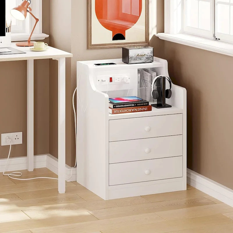 Table de chevet à 3 tiroirs avec station de charge et ports USB, Blanc / Rose / Gris / Noir, Style moderne, Chambre 1 personne