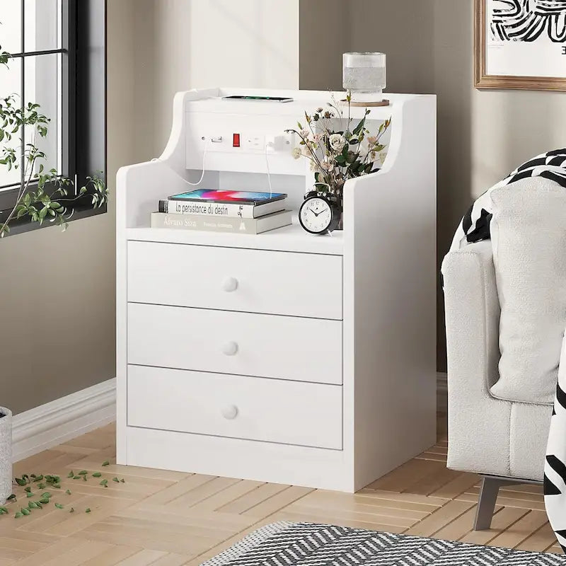 Table de chevet à 3 tiroirs avec station de charge et ports USB, Blanc / Rose / Gris / Noir, Style moderne, Chambre 1 personne