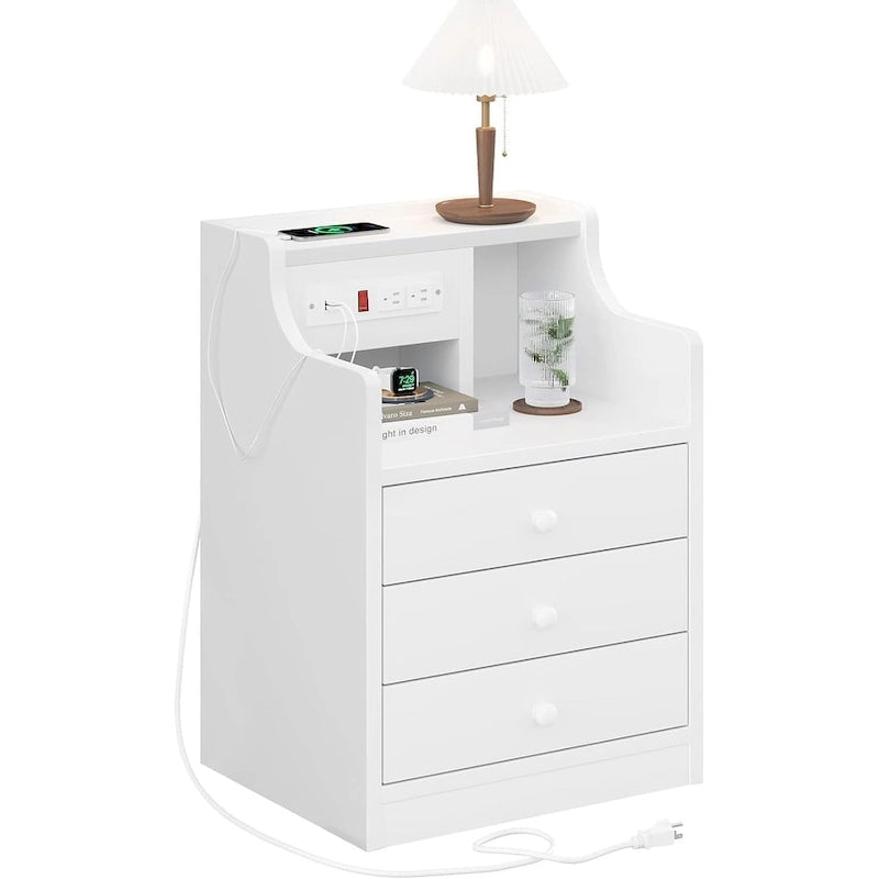 Table de chevet à 3 tiroirs avec station de charge et ports USB, Blanc / Rose / Gris / Noir, Style moderne, Chambre 1 personne
