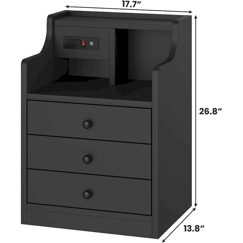 Table de chevet à 3 tiroirs avec station de charge et ports USB, Blanc / Rose / Gris / Noir, Style moderne, Chambre 1 personne