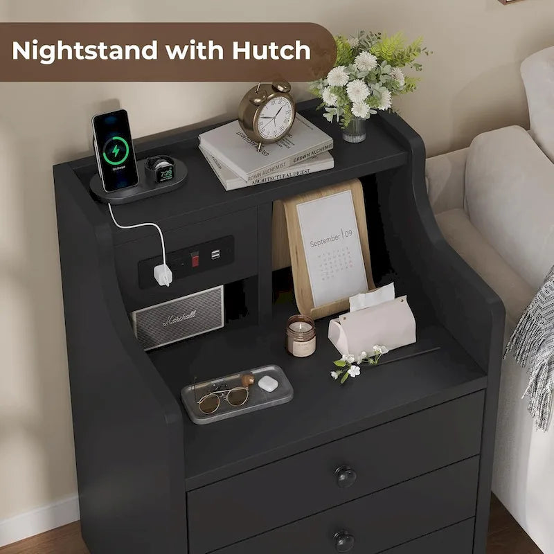 Table de chevet à 3 tiroirs avec station de charge et ports USB, Blanc / Rose / Gris / Noir, Style moderne, Chambre 1 personne
