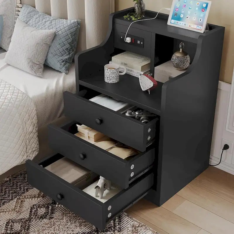 Table de chevet à 3 tiroirs avec station de charge et ports USB, Blanc / Rose / Gris / Noir, Style moderne, Chambre 1 personne
