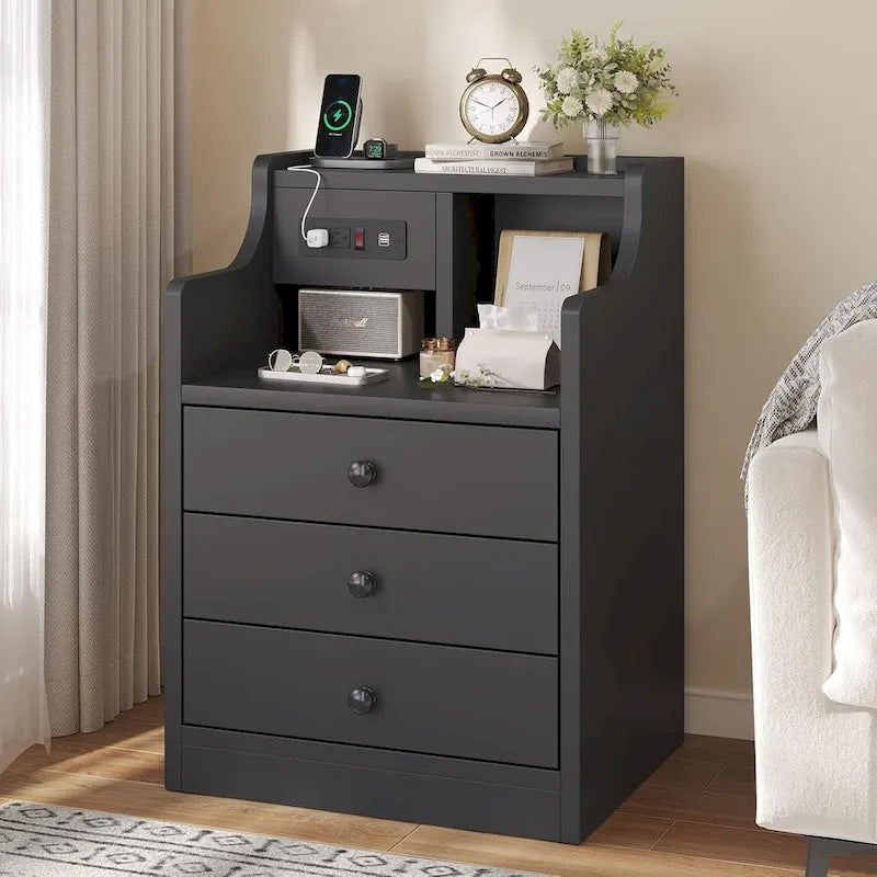 Table de chevet à 3 tiroirs avec station de charge et ports USB, Blanc / Rose / Gris / Noir, Style moderne, Chambre 1 personne